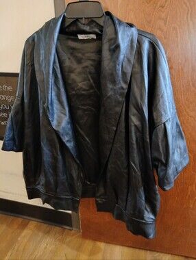 H HALSTON black faux leather open front jacket